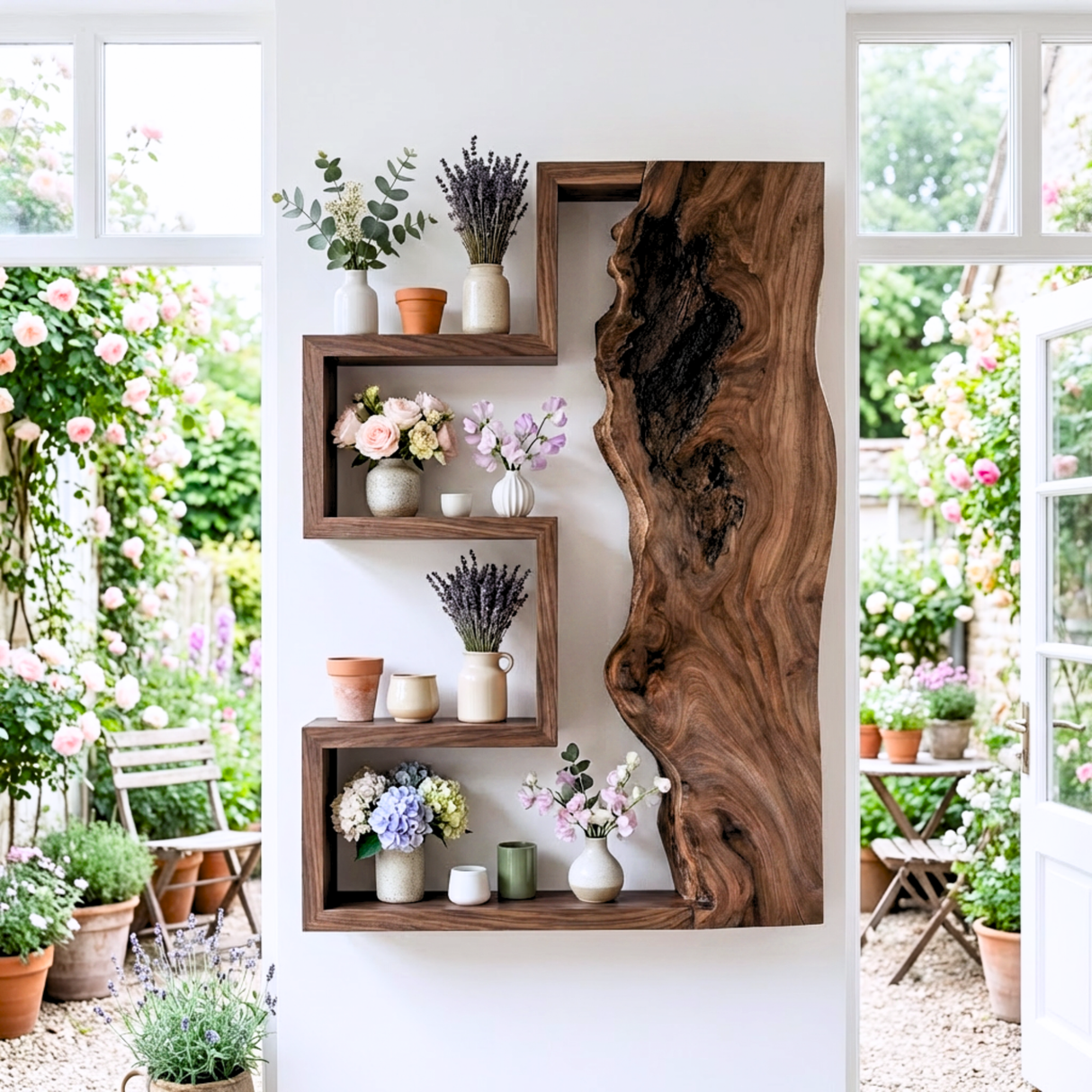 Geometric Solid Wood Wall Shelf with Live Edge Panel Sculptural Floating Storage Display