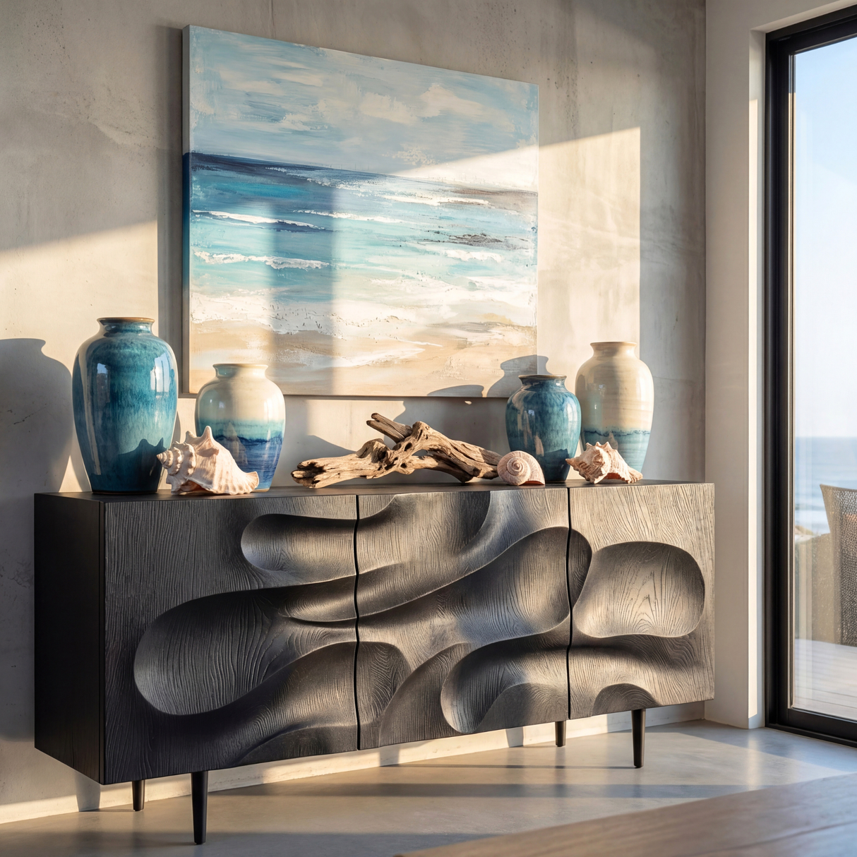 Carved Black Wood Sideboard Cabinet for Modern Living Room and Dining Storage