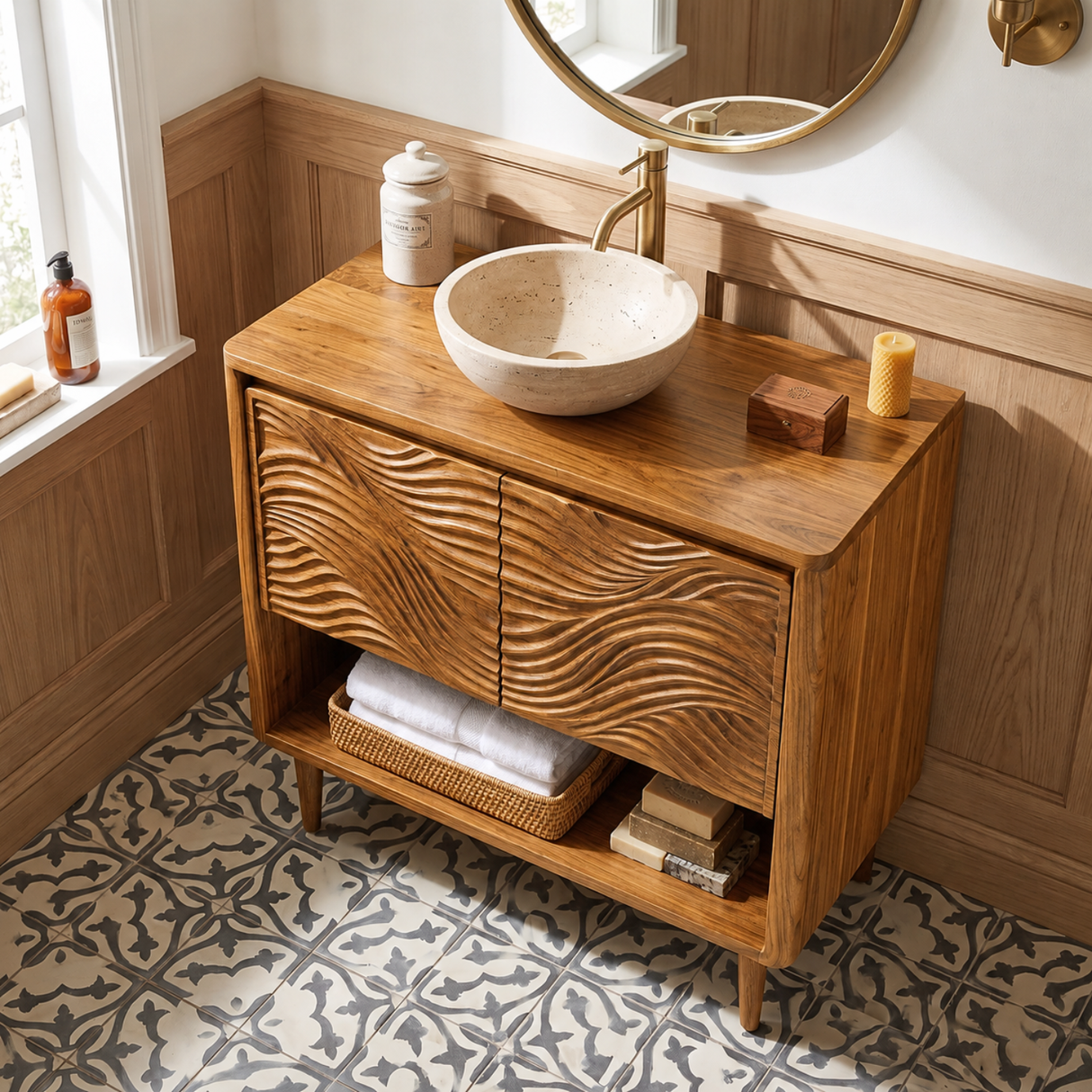 Bathroom Vanity Solid Wood with Carved Ripple Cabinet and Open Shelf for Powder Room