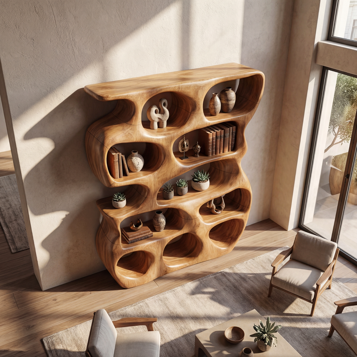 Abstract Organic Wood Display Shelf with Rounded Open Niches and Sculptural Form