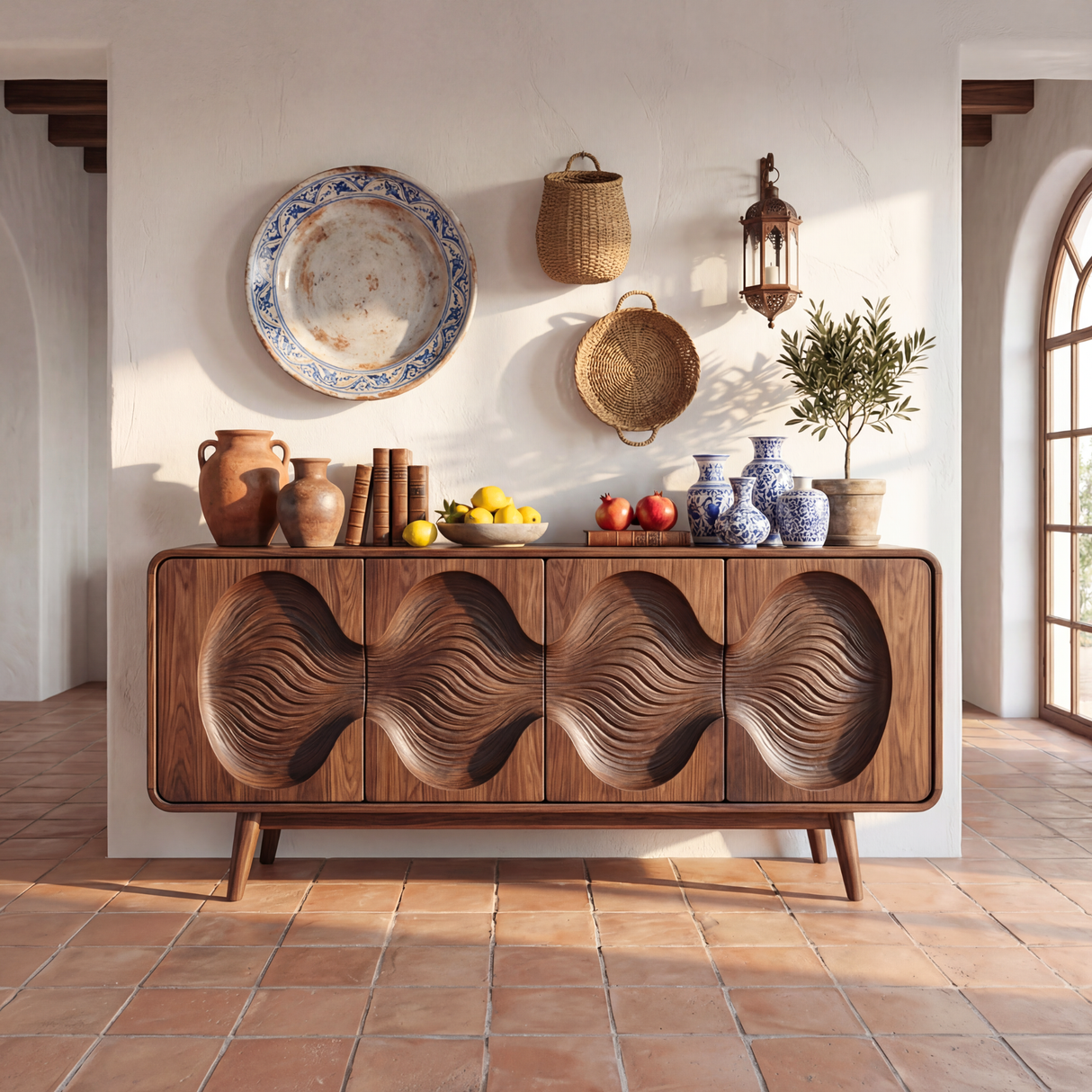 Carved Wave Front Solid Wood Sideboard for Living and Dining