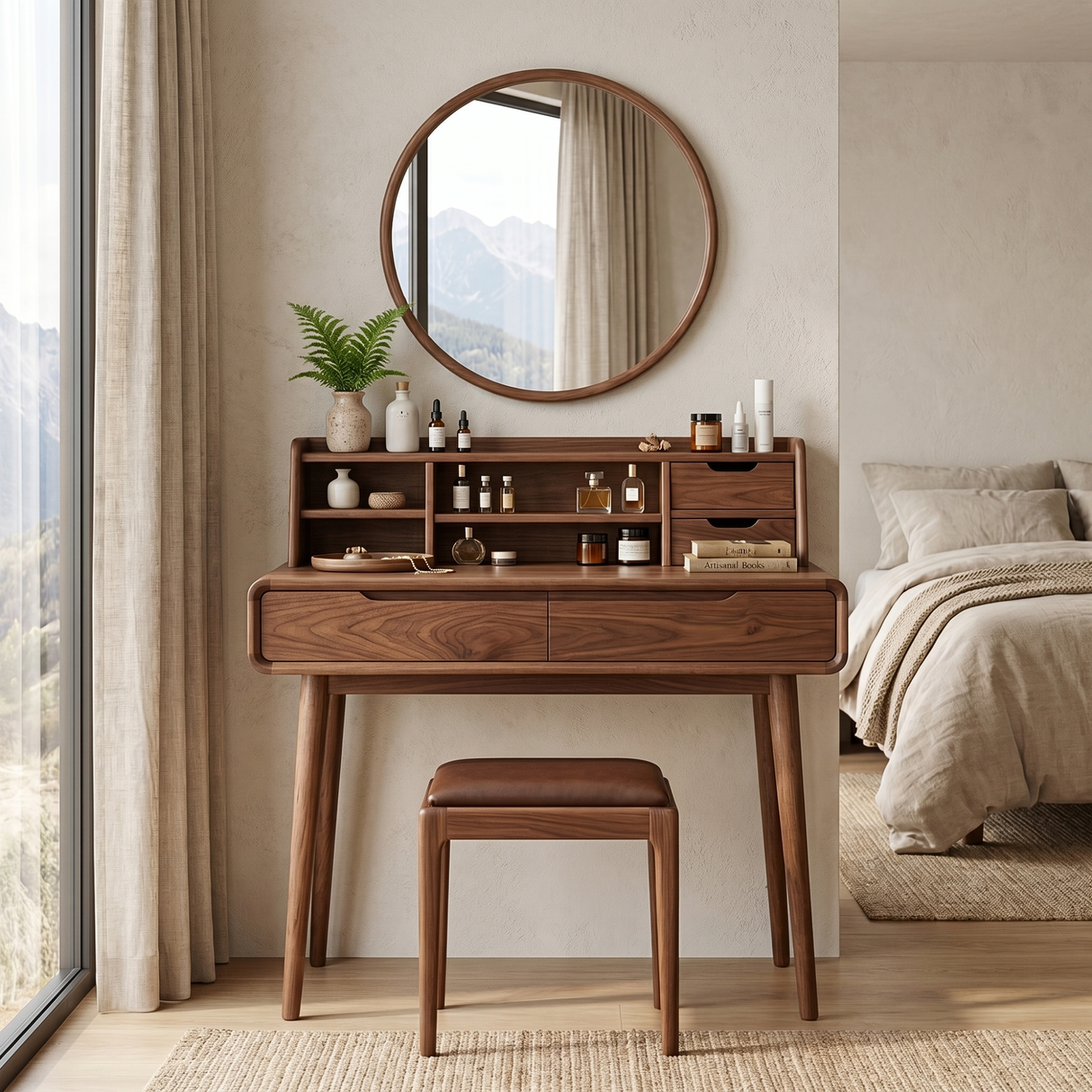 Solid Wood Vanity Table with Organizer Hutch, Drawer Storage, and Tapered Legs
