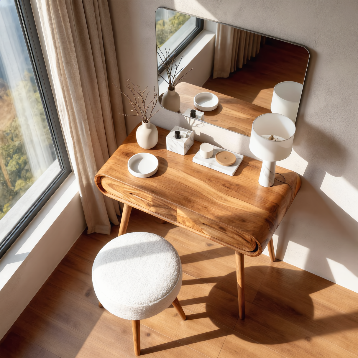 Curved Wood Vanity Table with Drawers, Mid Century Modern Dressing Table