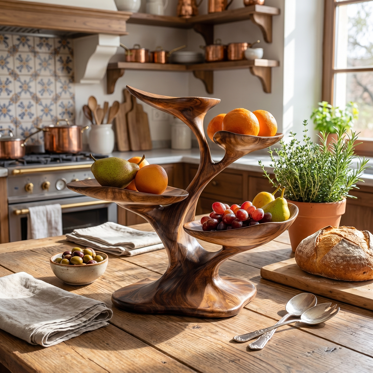 Solid Wood Four-Tier Fruit Bowl Sculpture with Organic Branch Stand