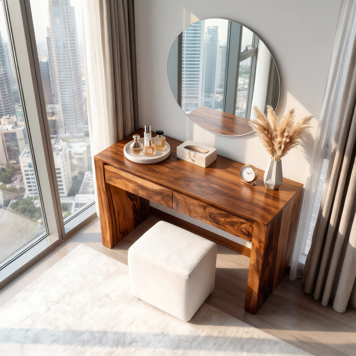 Solid Wood Vanity Table with Dual Drawers for Modern Bedroom
