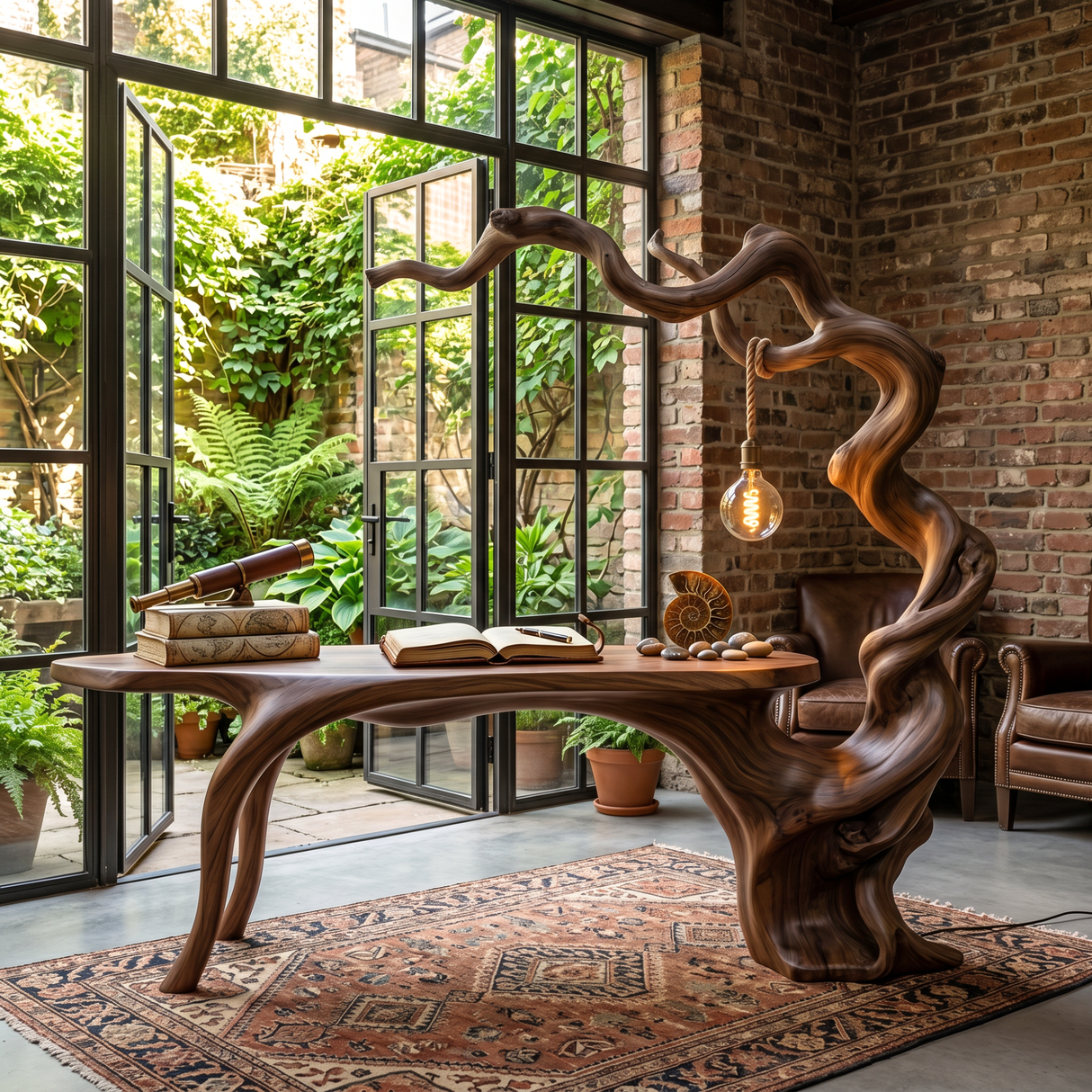 Twisted Branch Solid Wood Desk With Hanging Lamp Organic Modern Sculptural Workspace