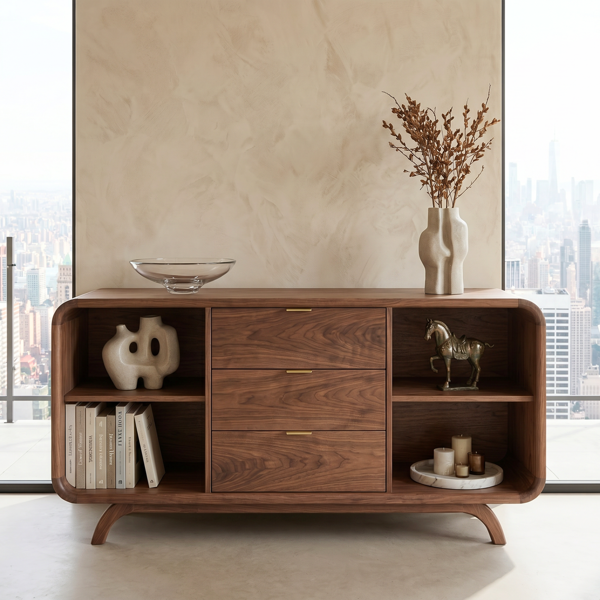 Handcrafted Solid Wood Sideboard with Three Drawers and Open Shelving