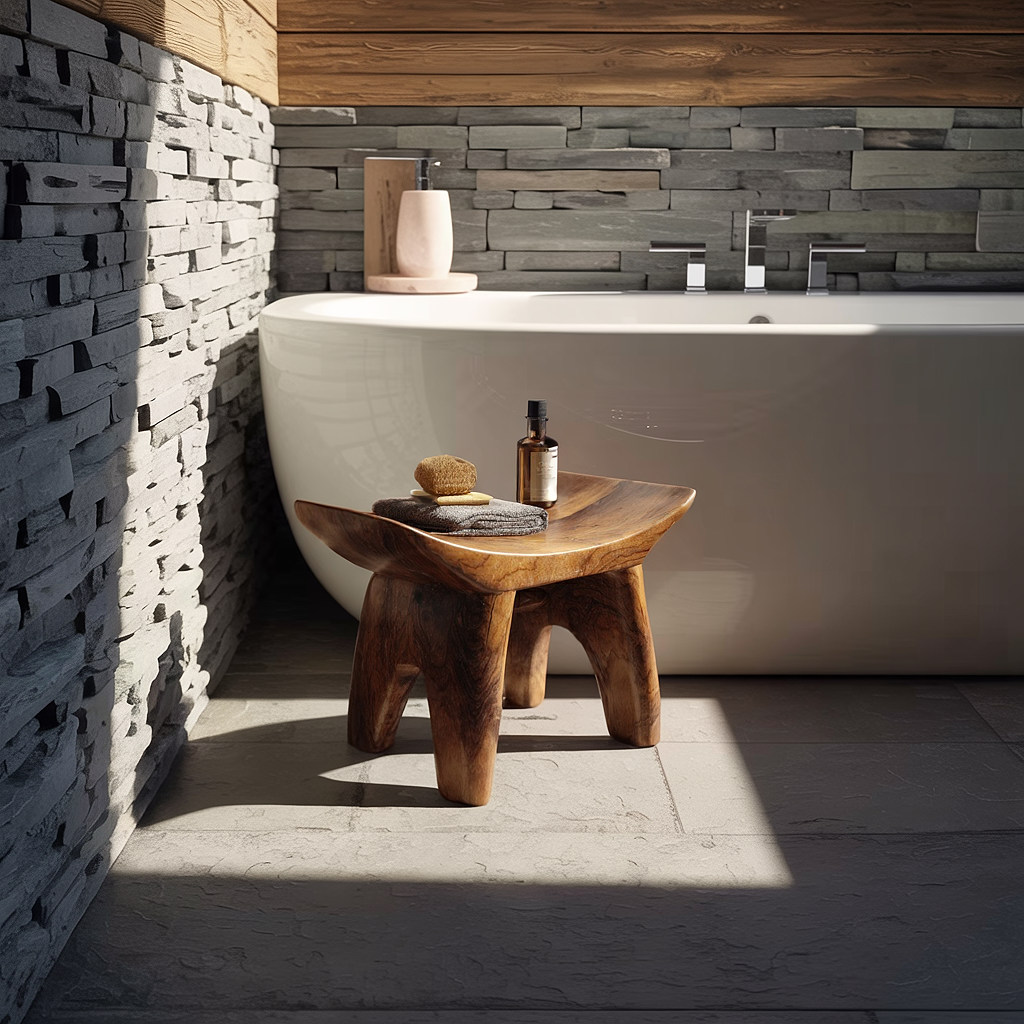 Handcrafted Solid Wood Bath Stool in Organic Form