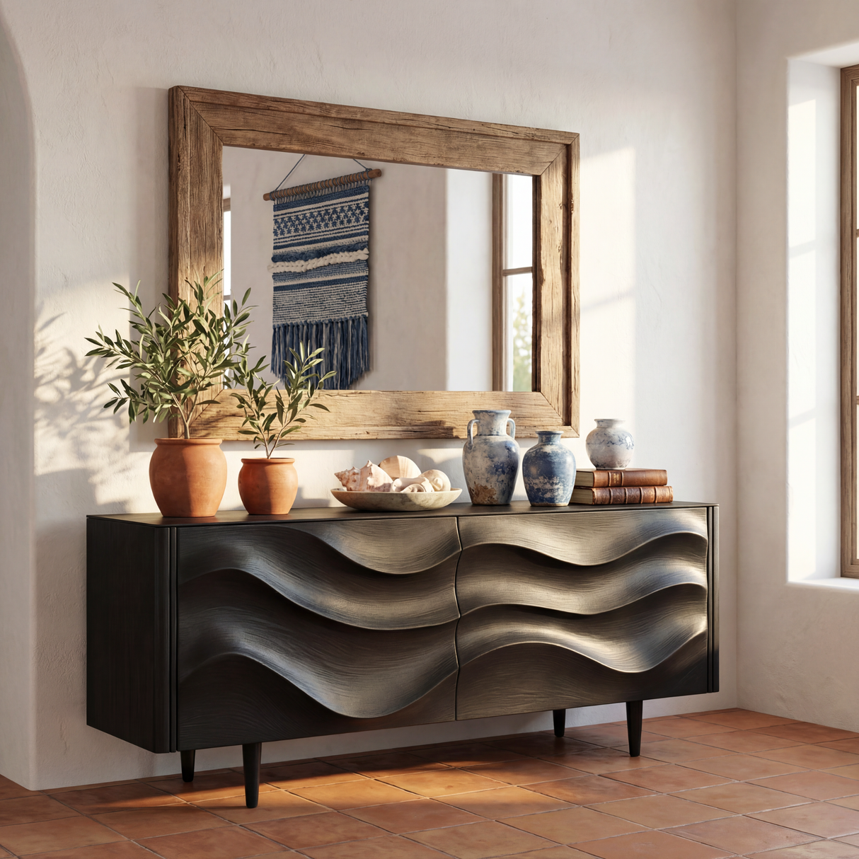 Sculpted Black Wave Sideboard for Modern Living Room and Dining Storage