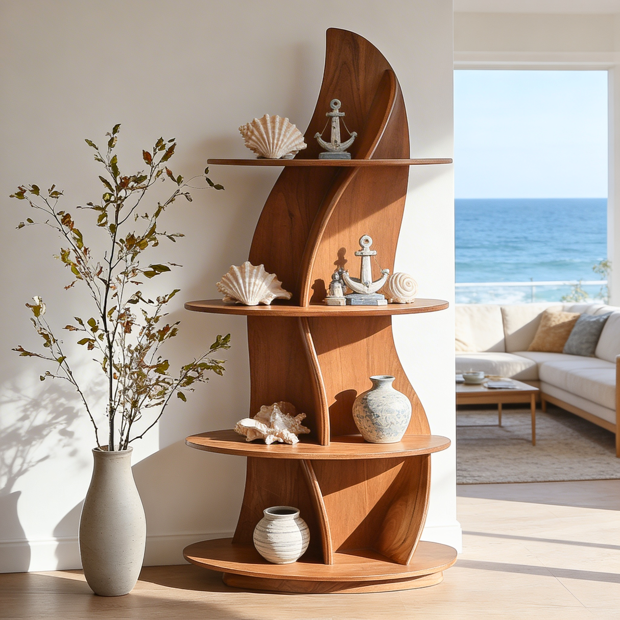 Handcrafted Solid Wood Sculptural Corner Bookcase with Curved Tiered Shelves