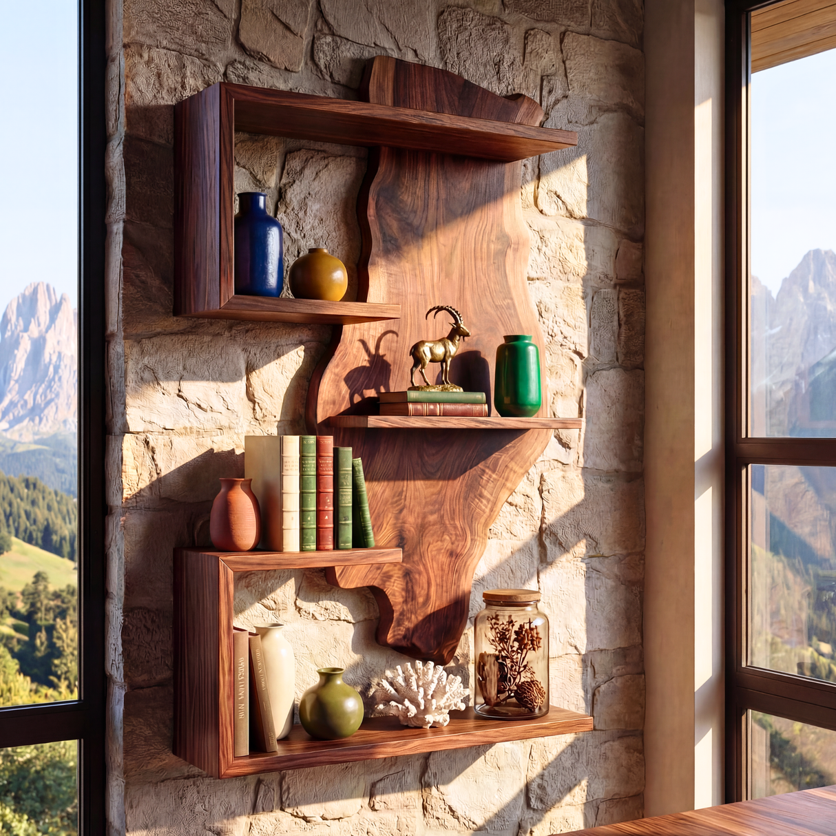 Solid Wood Live Edge Wall Shelf Sculptural Frame Multi Tier Display for Living Room