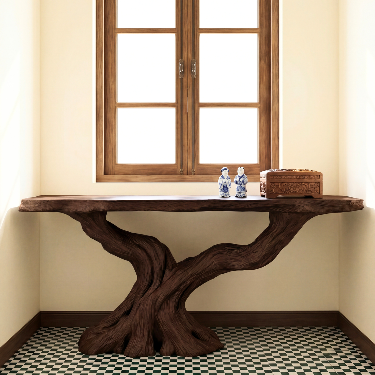 Sculptural Wood Console Table with Tree Form Base