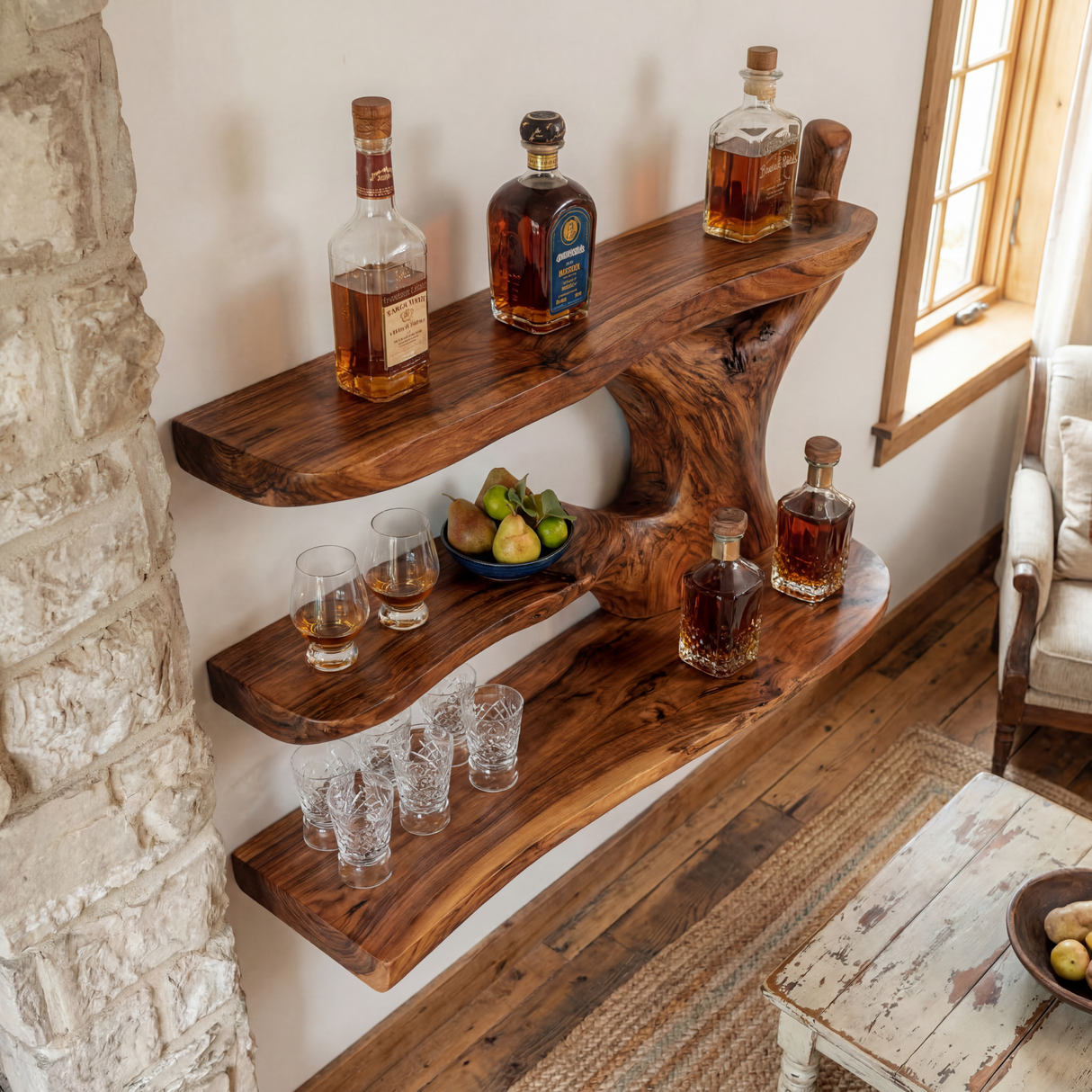 Handcrafted Solid Wood Wall Mounted Bar Shelf with Organic Open Display