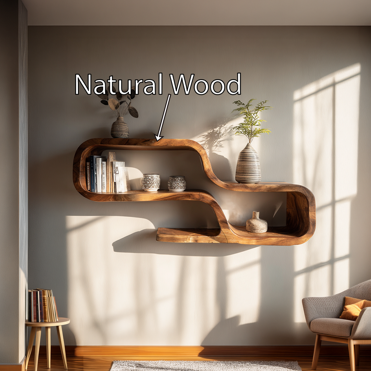 Organic Solid Wood Curved Floating Shelf for Living Room