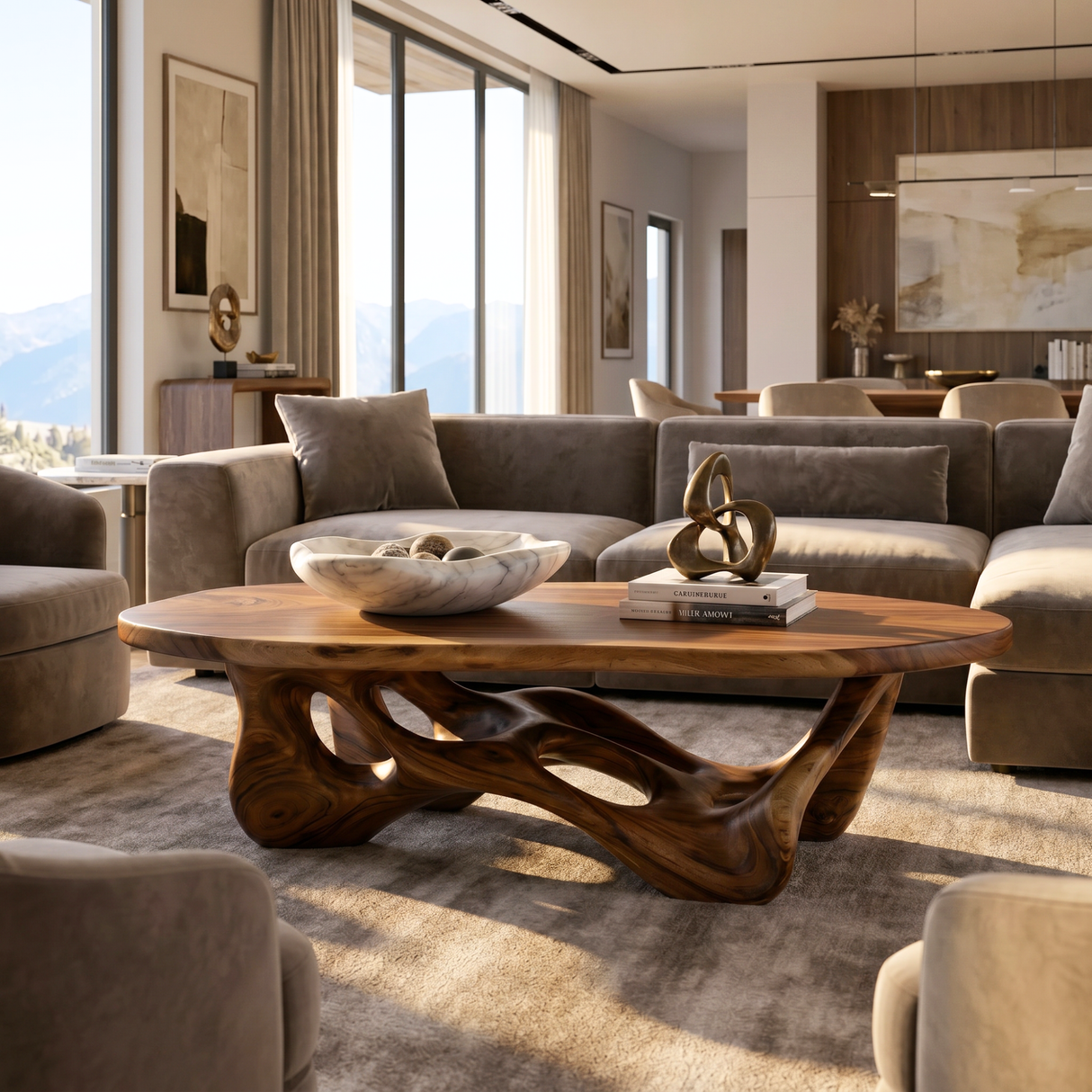 Solid Wood Coffee Table with Organic Openwork Base and Rounded Slab Top