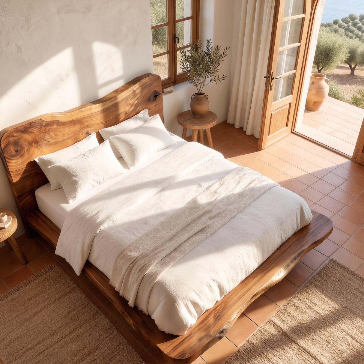 Sculptural Solid Wood Bed Frame with Organic Headboard for Modern Bedroom