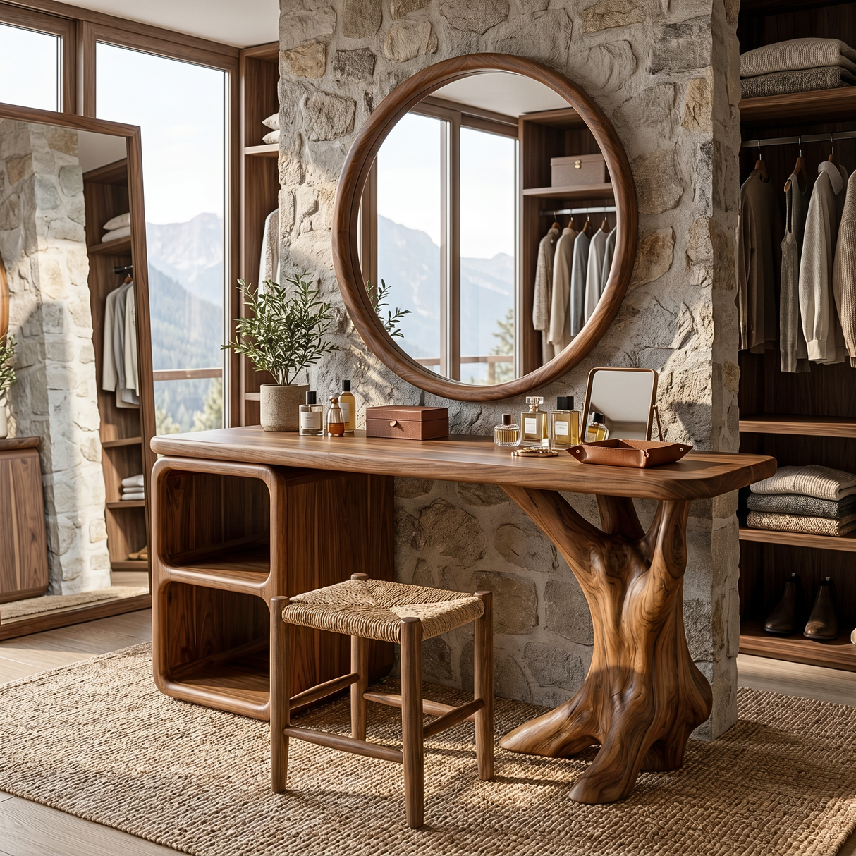 Handcrafted Solid Wood Vanity Table with Sculptural Root Base and Open Shelves