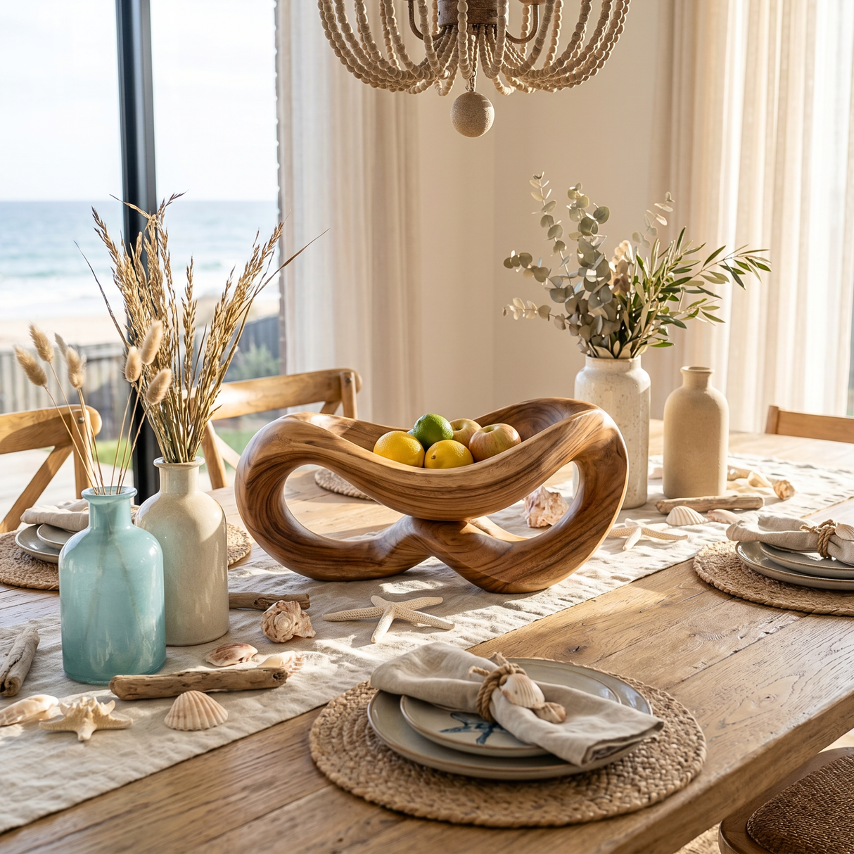 Solid Wood Infinity Curve Fruit Bowl with Open Loop Sculptural Base