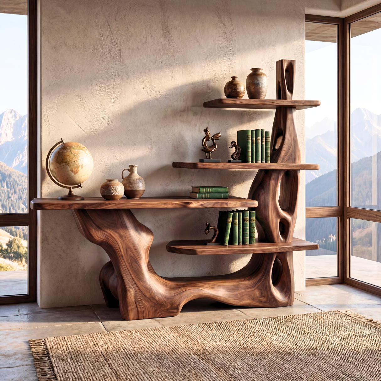 Sculptural Solid Wood Console Table with Tiered Shelving Organic Entryway Table