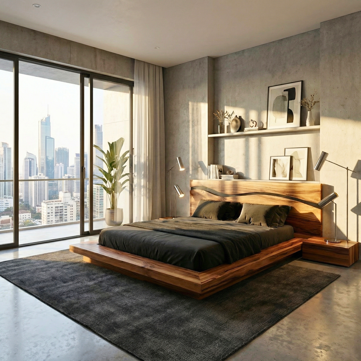 Solid Wood Bed with Wave Headboard, Modern Rustic Platform Bed