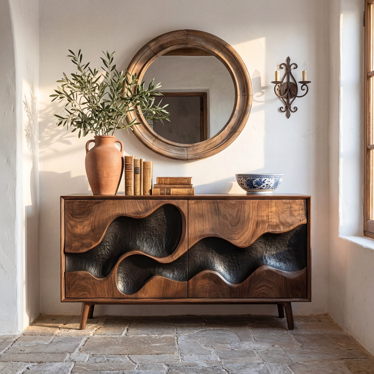 Sculpted Hollow Wave Front Wood Sideboard Cabinet for Living Room or Dining Room