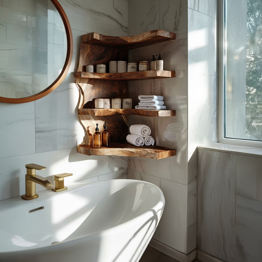 Live Edge Corner Wood Bathroom Shelf