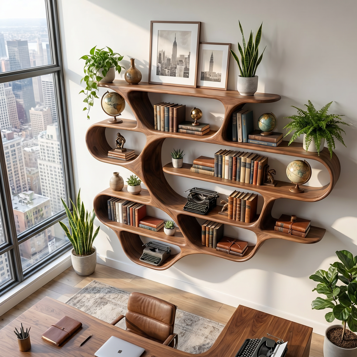 Large Organic Solid Wood Wall Bookshelf with Wave Shelf Compartments