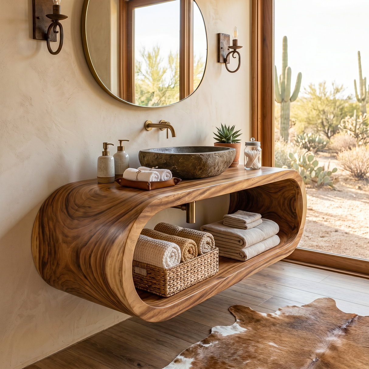 Organic Solid Wood Floating Bathroom Vanity with Sculptural Curved Form
