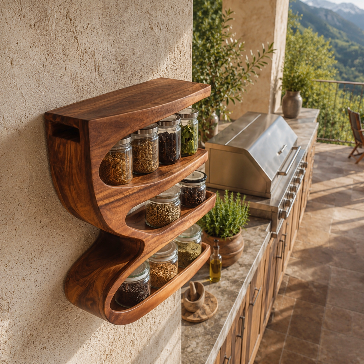 Solid Wood S Curve Wall Spice Rack with Three Open Kitchen Shelves