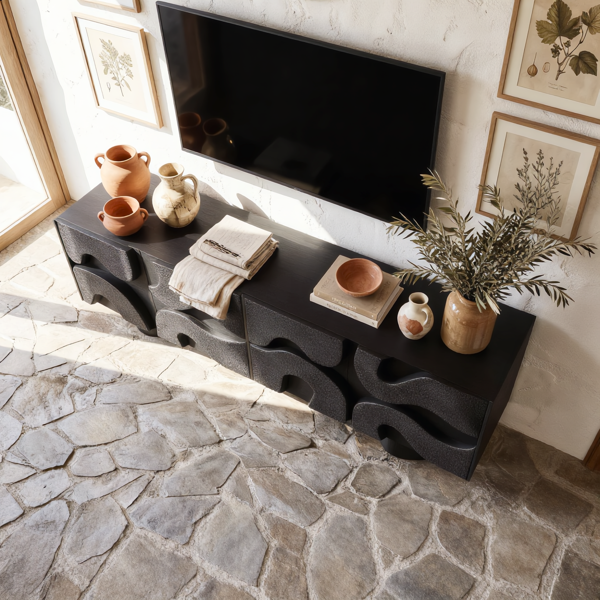Solid Wood TV Cabinet with Sculptural Wave Relief Doors for Modern Interiors