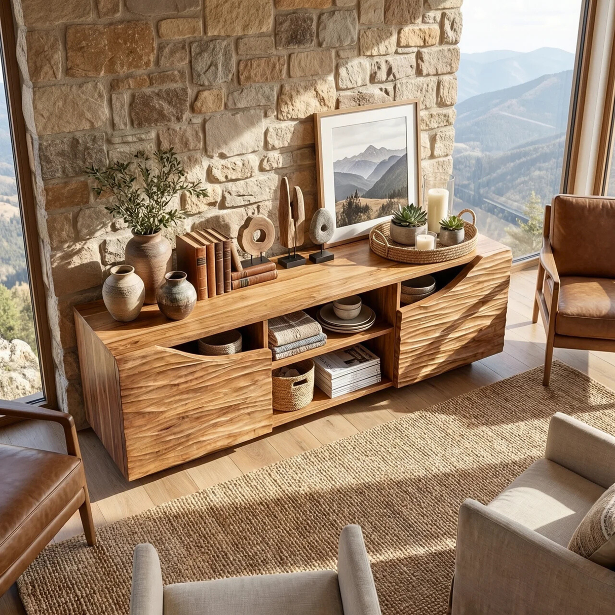 Sculptural Wood TV Cabinet with Carved Wave Doors for Modern Interiors