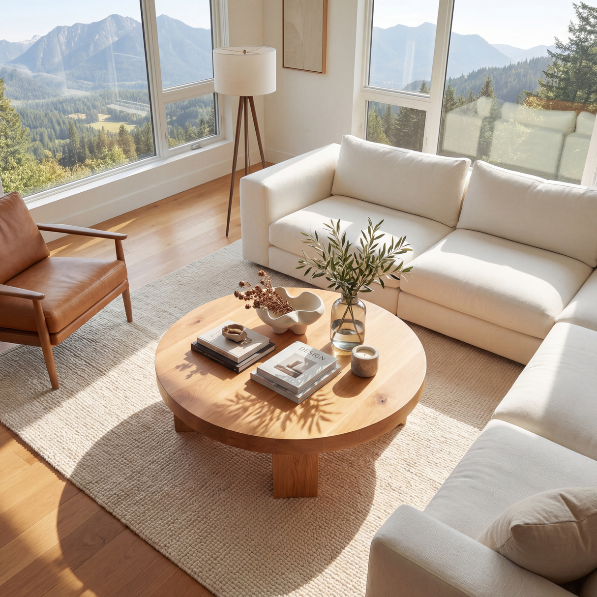 Round Wood Coffee Table with Chunky Block Legs