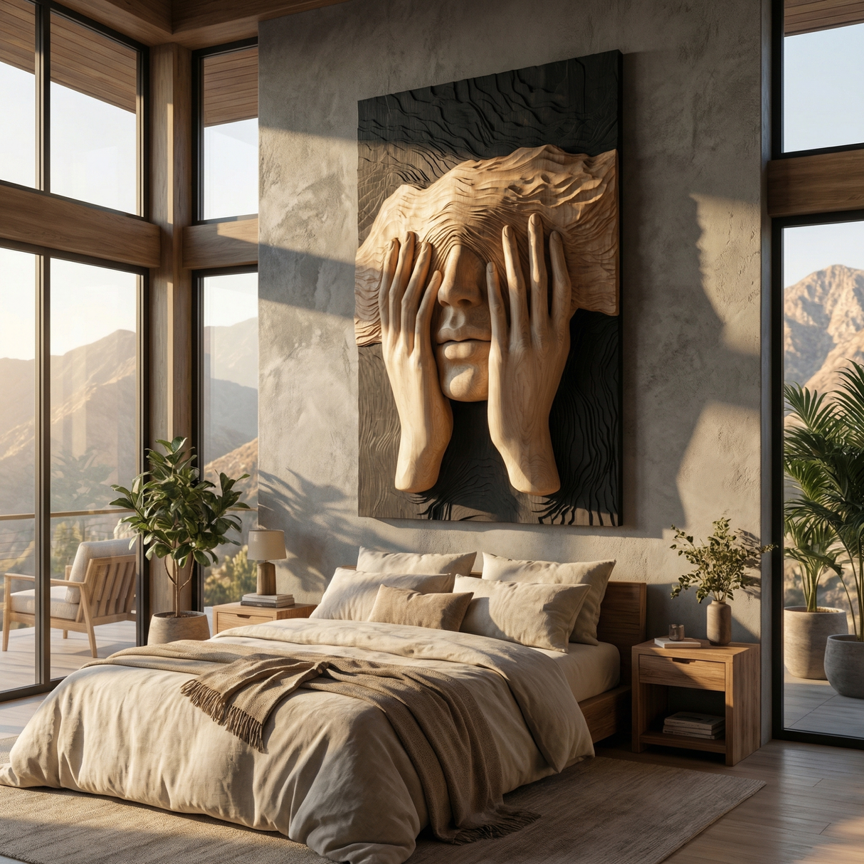 Handcrafted Solid Wood Face Wall Sculpture with Layered Wave Blindfold and Sculpted Hands