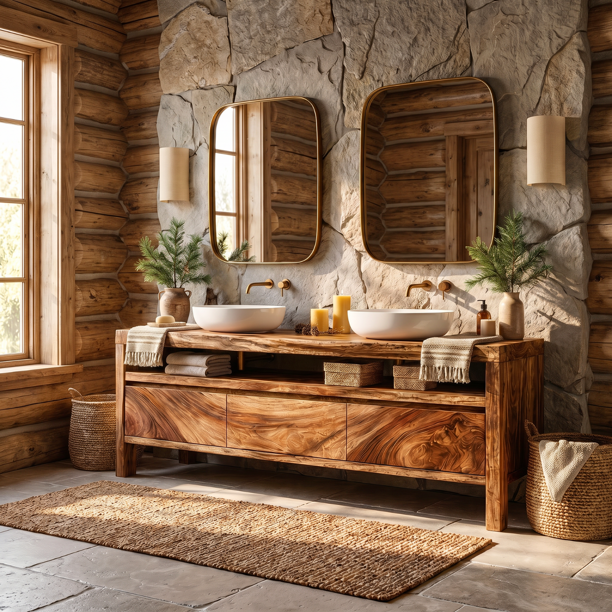 Bathroom Vanity Solid Wood with Double Sink and Open Shelf Storage for Lodge Bathroom