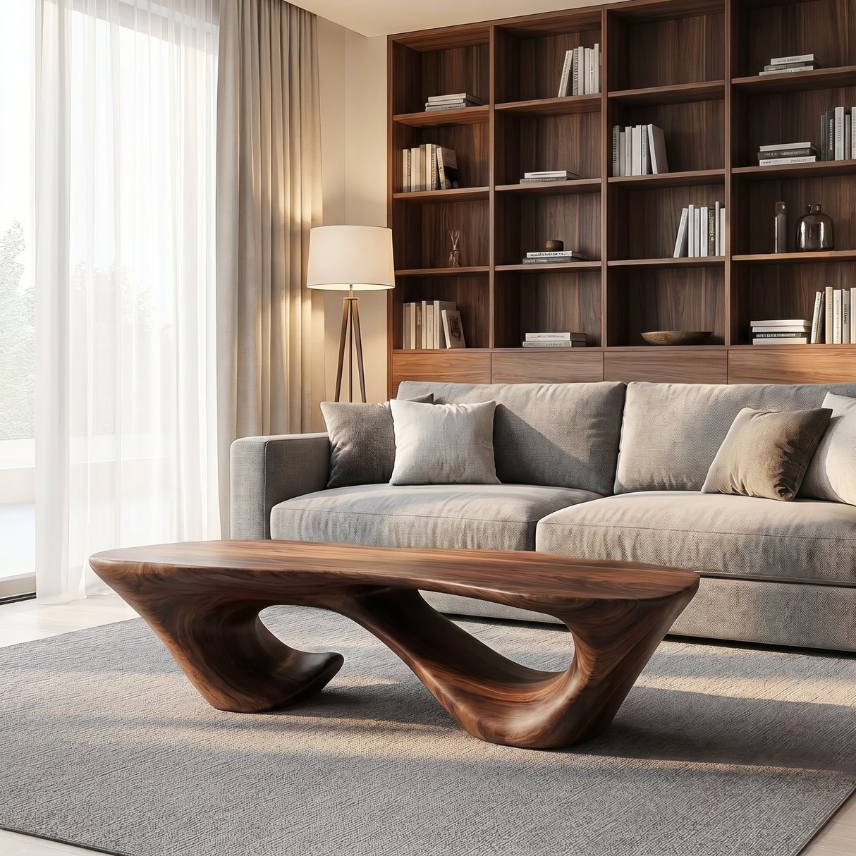 Solid Wood Coffee Table with Double Hollow Sculptural Base for Living Room
