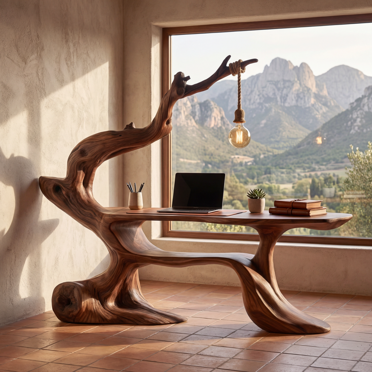 Handcrafted Sculptural Wood Desk with Hanging Light, Tree Inspired Writing Table, Artistic Statement Workspace