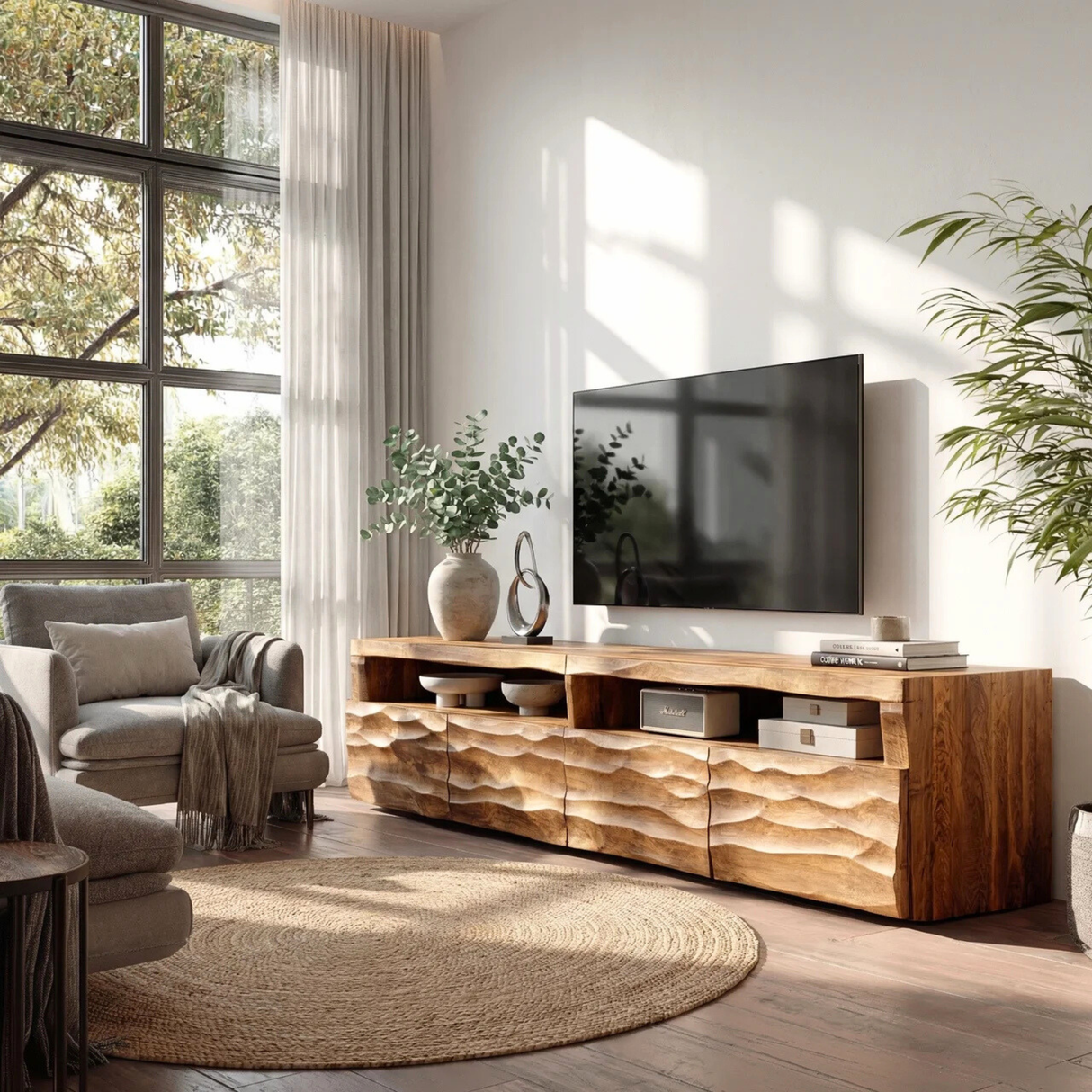 Sculptural Solid Wood TV Cabinet with Hand-Carved Wave Front