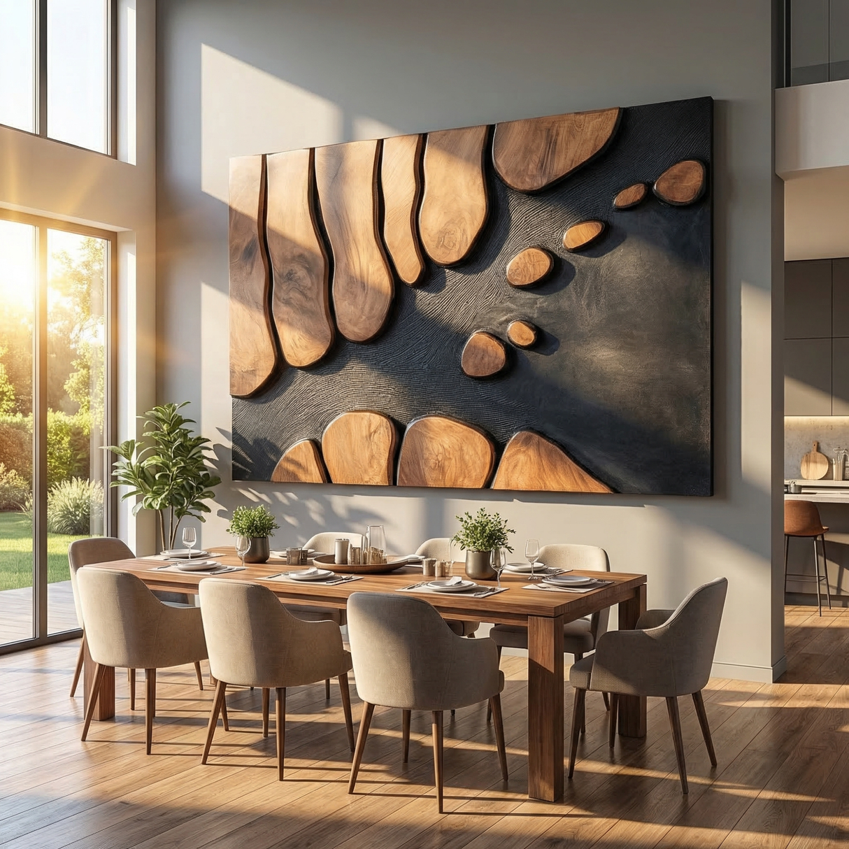 Abstract Sculptural Wood Wall Art Panel with Black Textured Ground