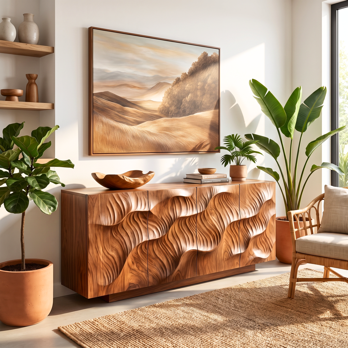Sideboard Solid Wood with Sculptural Layered Dune Carved Doors for Living Room
