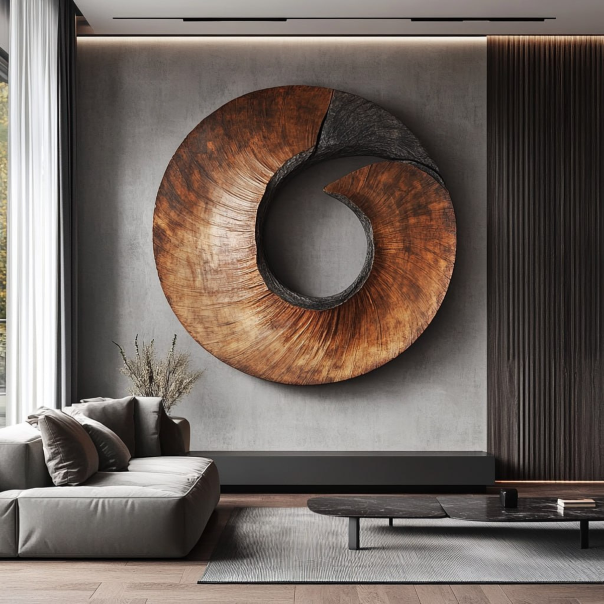 Handcrafted Spiral Wood Wall Sculpture with Open Center and Dark Textured Accent