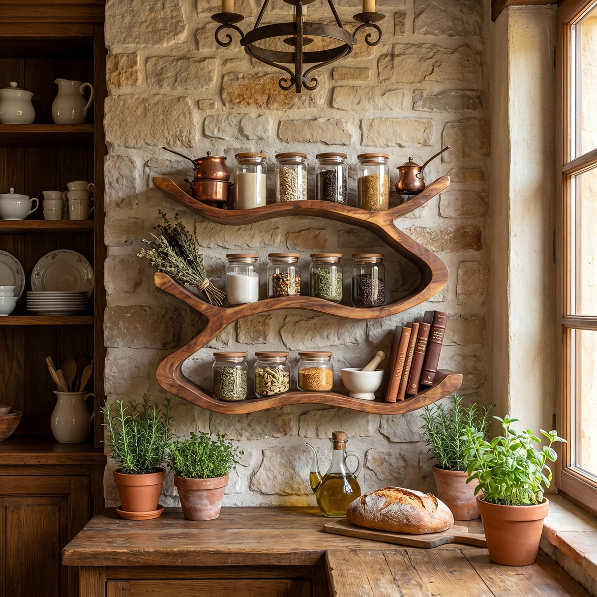 Wall Mounted Solid Wood Spice Shelf with Sculpted Ribbon Edge Design