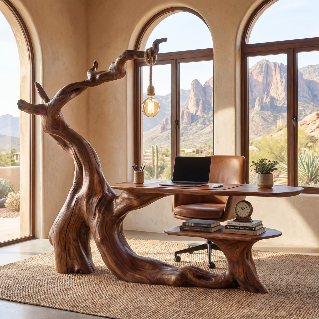 Organic Sculptural Solid Wood Desk with Hanging Light Artistic Tree Form Writing Table Modern Workspace