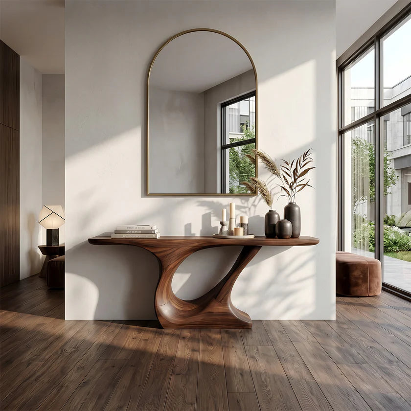 Organic Curve Solid Wood Console Table with Sculpted Pedestal Base