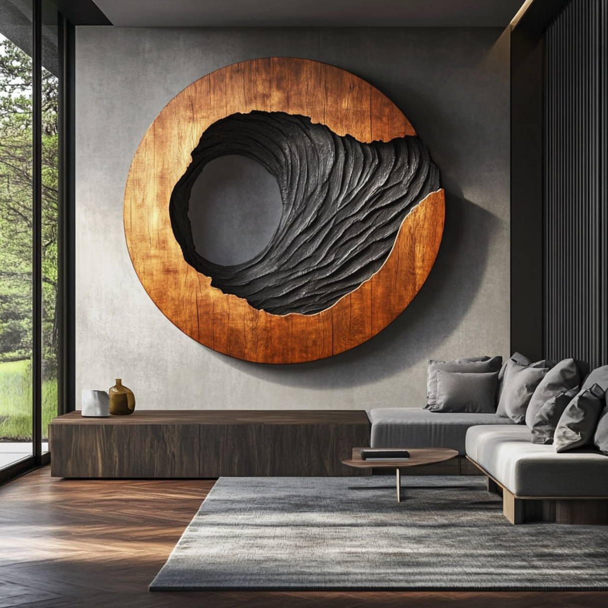Oval Solid Wood Wall Art with Open Void and Black Carved Terrain Relief
