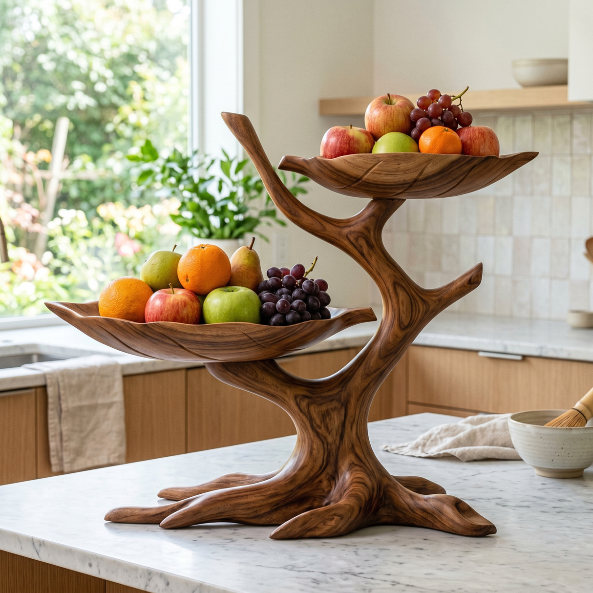 Sculptural Wood Fruit Bowl with Branch-Inspired Stand and Dual Display Bowls