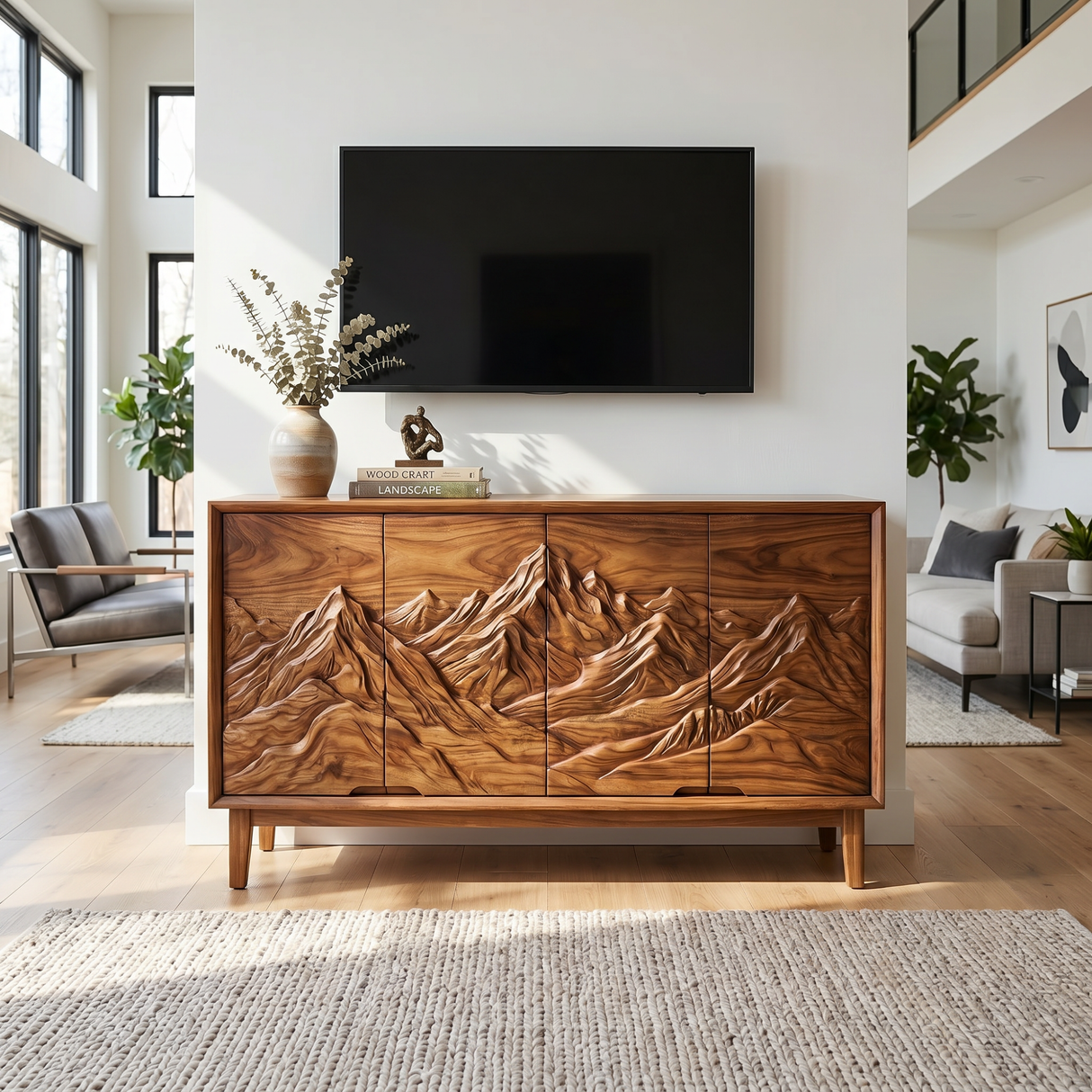 Organic Solid Wood Mountain Relief Sideboard Cabinet