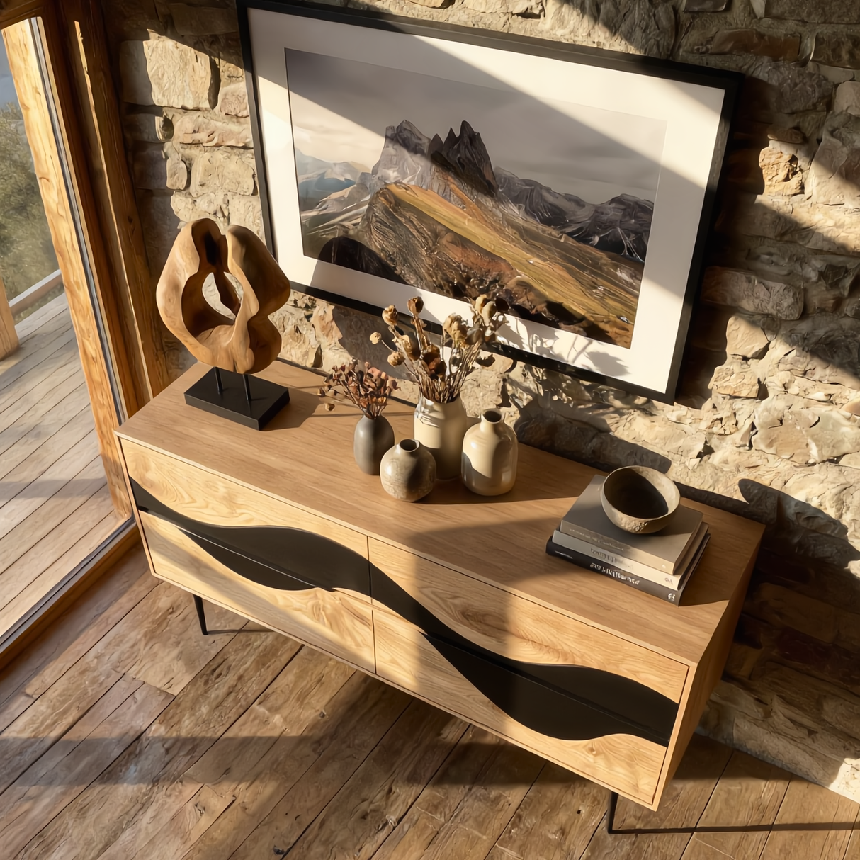 Wave Front Sideboard Cabinet with Sculptural Contrast, Modern Storage Credenza