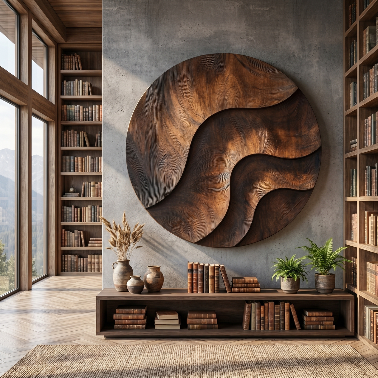 Round Solid Wood Wall Art with Sculpted River Flow and Dark Wood Contrast