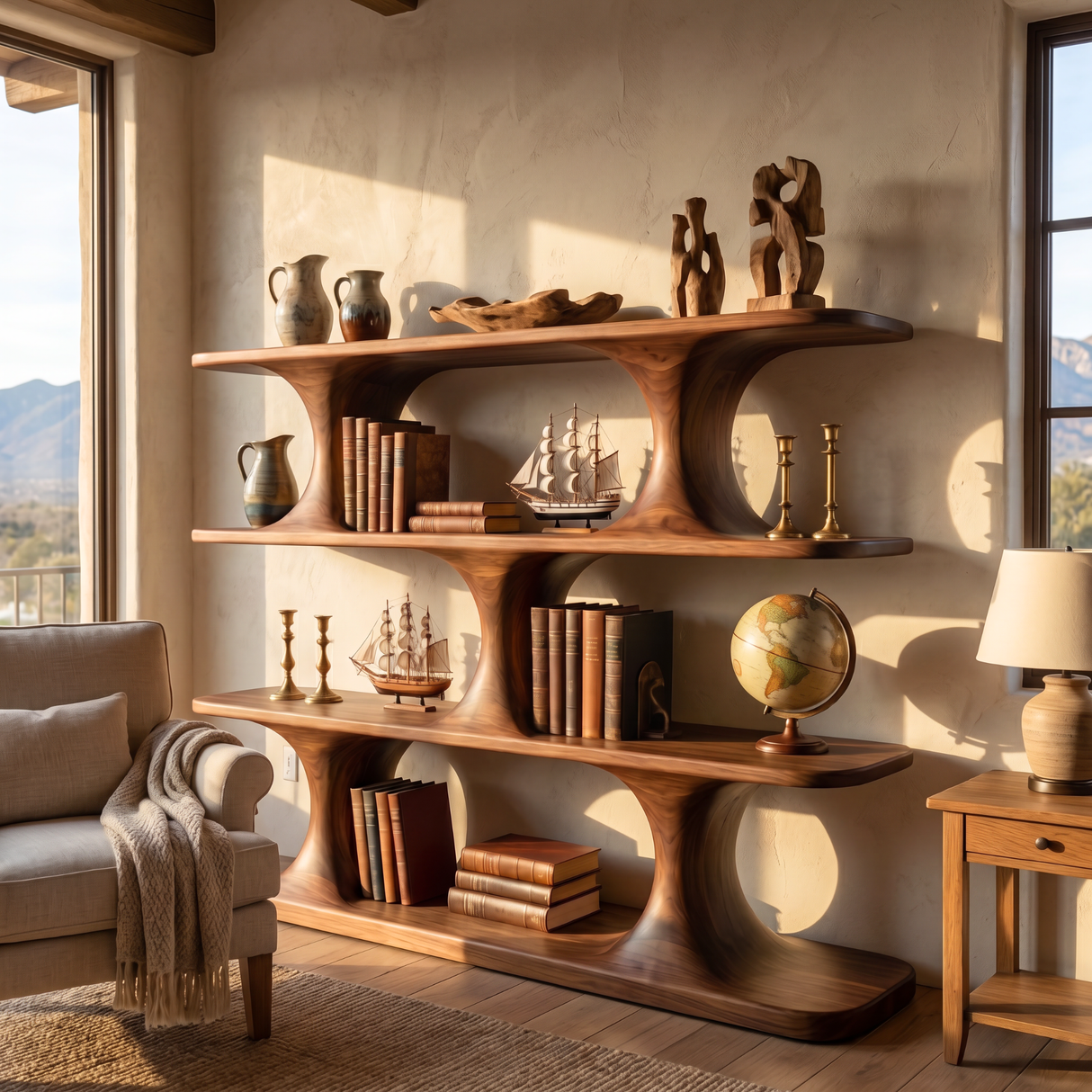 Sculpted Wooden Bookshelf Handmade Organic Shelving Unit