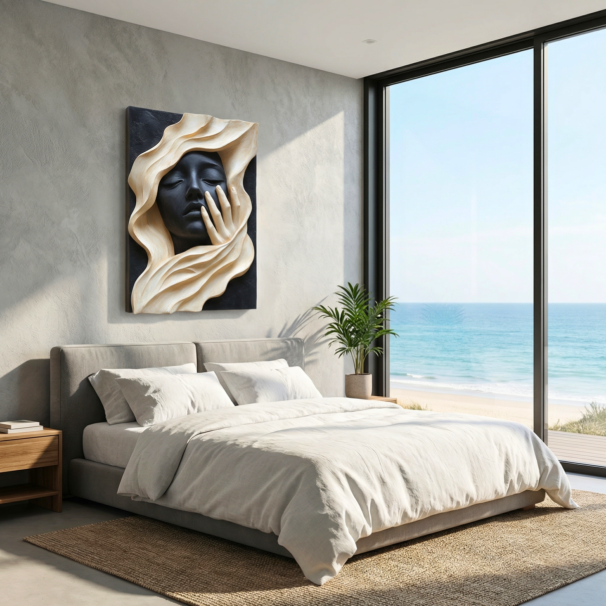 Handcrafted Solid Wood Wall Art with Abstract Female Face Relief for Modern Interiors